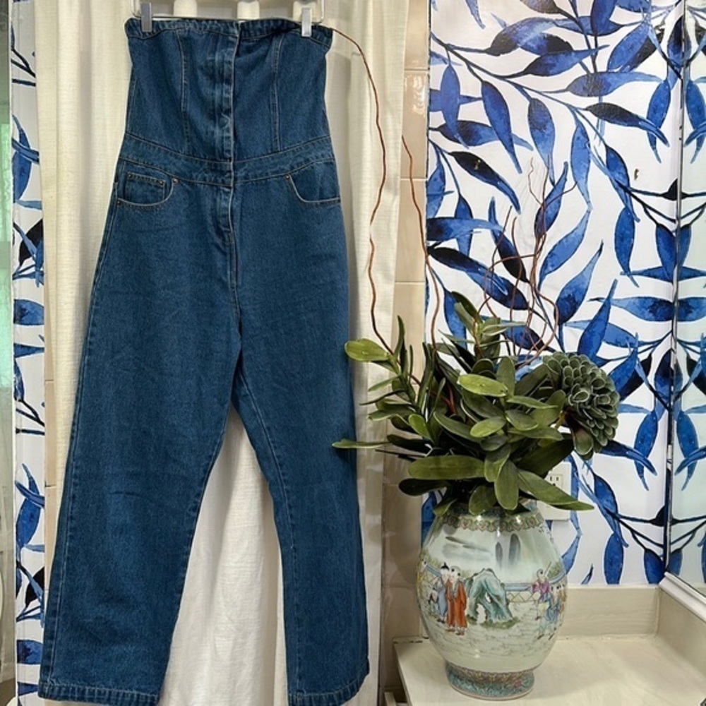 Women’s Etophe Studios Denim Halter Top Style One Piece Pant Suit Size Medium